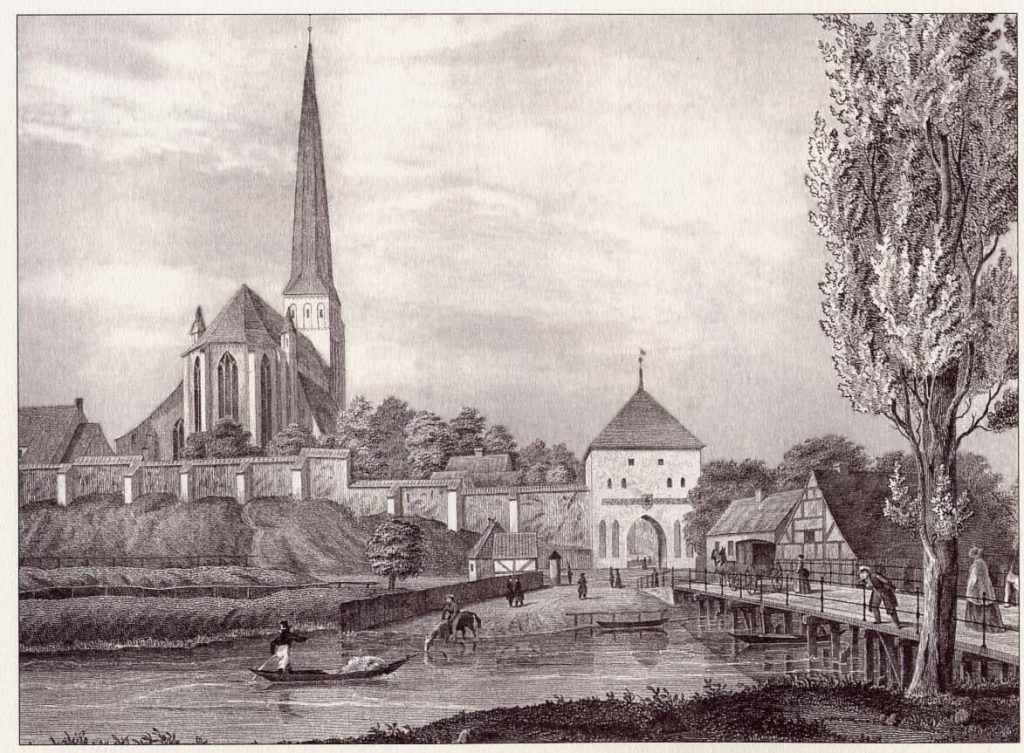 Zeichnung des Petritors und der Petrikirche von F H Dethleff (1846)